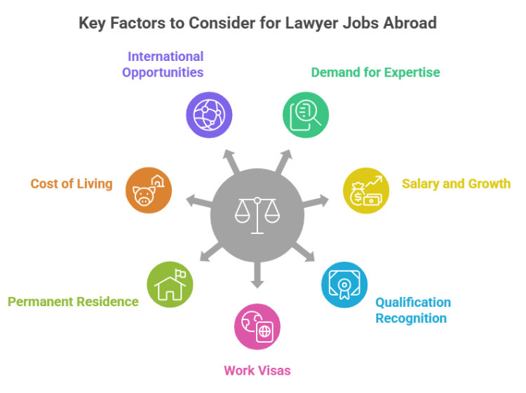 Key factors to consider for lawyer jobs abroad including licensing requirements, salaries, work visas, legal specialisations, and career opportunities