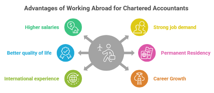 Advantages of working abroad for Chartered Accountants including high salaries, global career opportunities, work visas, and permanent residency pathways