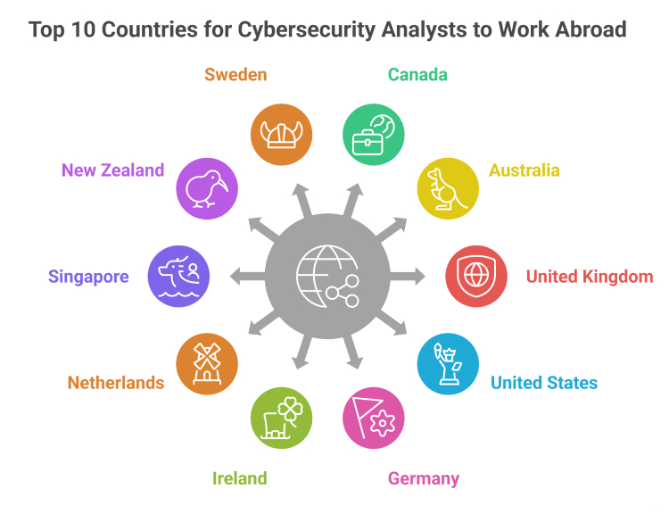 Top 10 countries for cybersecurity analysts to work abroad with high salaries, work visas, permanent residency pathways, and global career opportunities